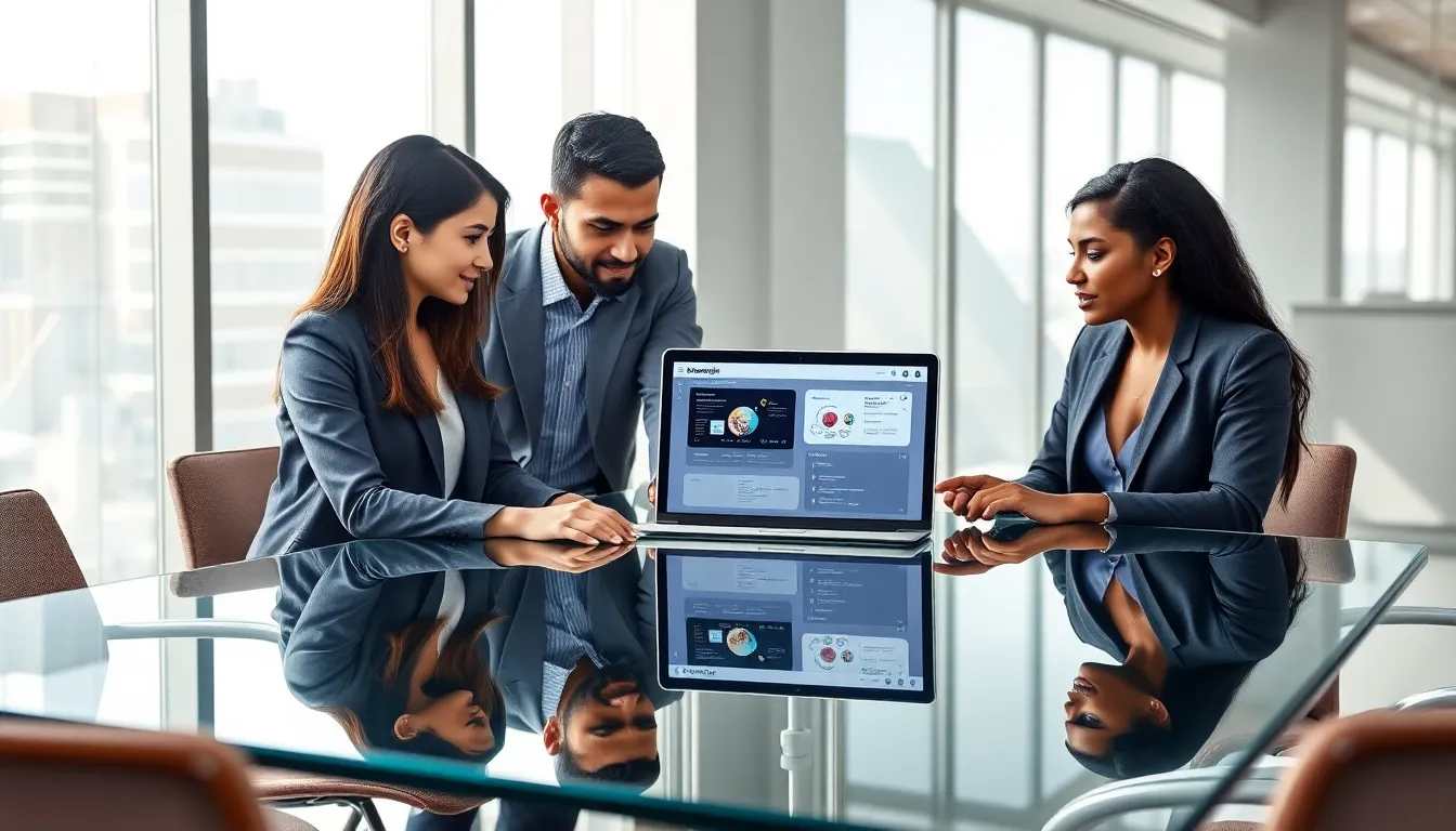 diverse team collaborating on digital technology in a modern office.