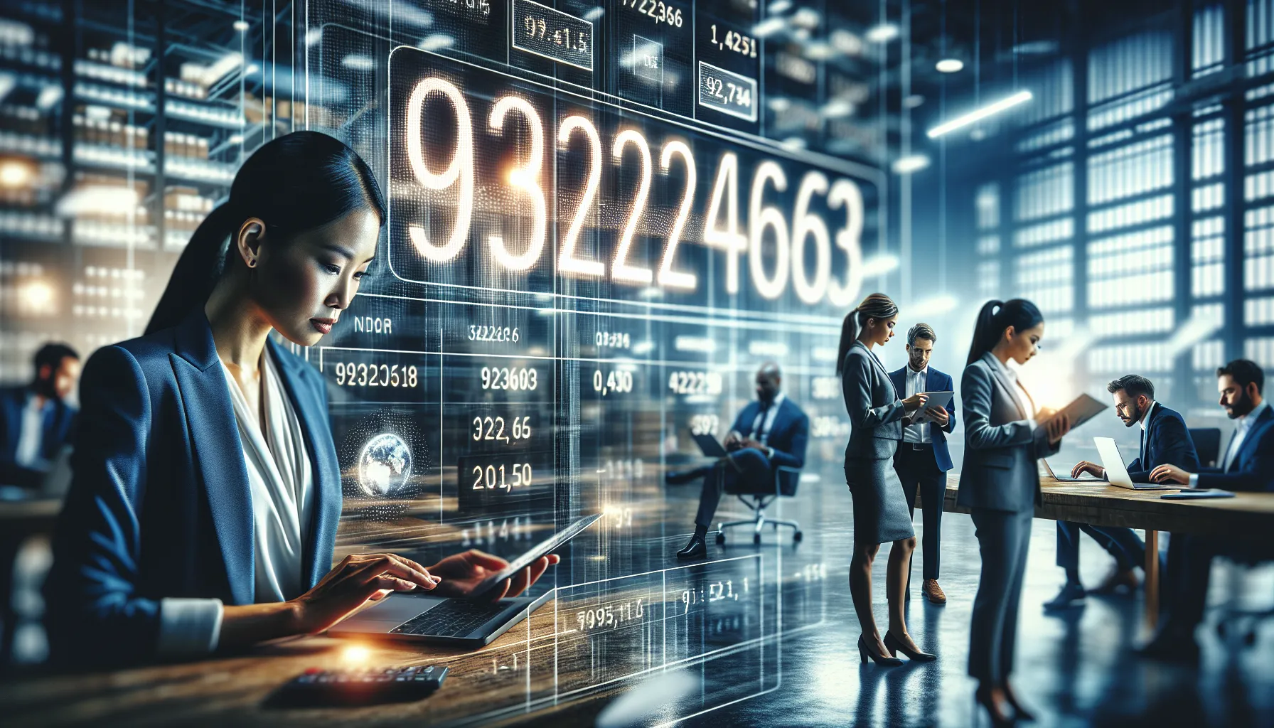 Digital display of the number 931224063 in a modern office setting.