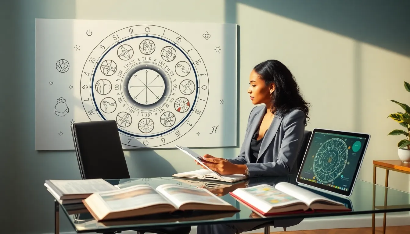 astrologer analyzing cosmic charts in a modern office.