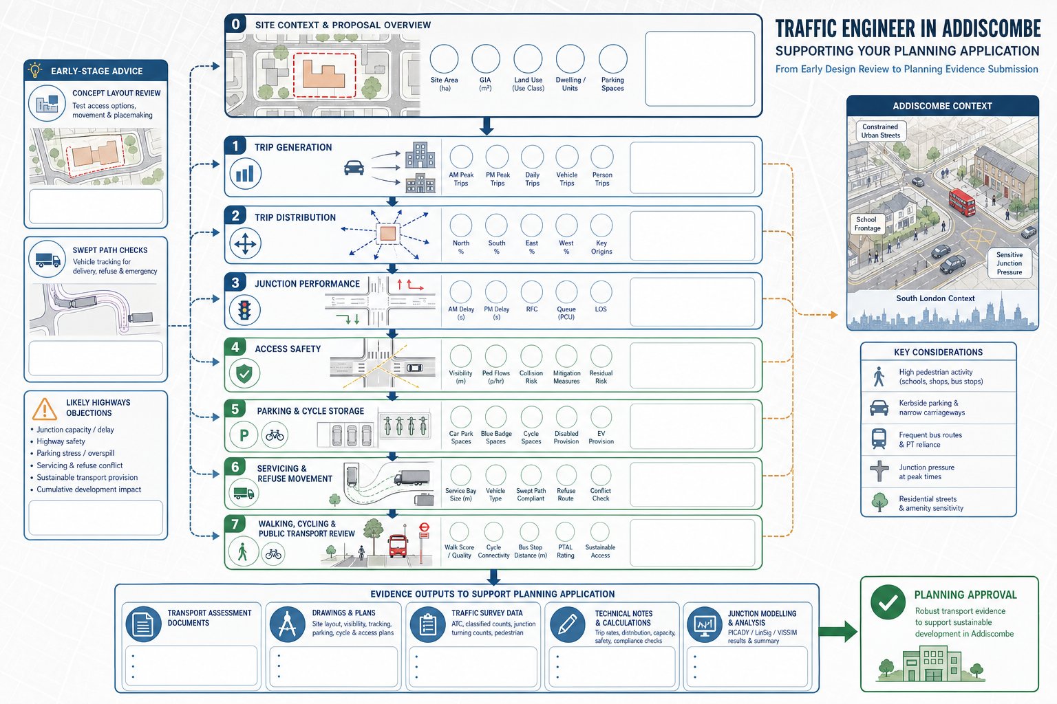 Infographic of traffic engineer tasks for planning applications in Addiscombe.