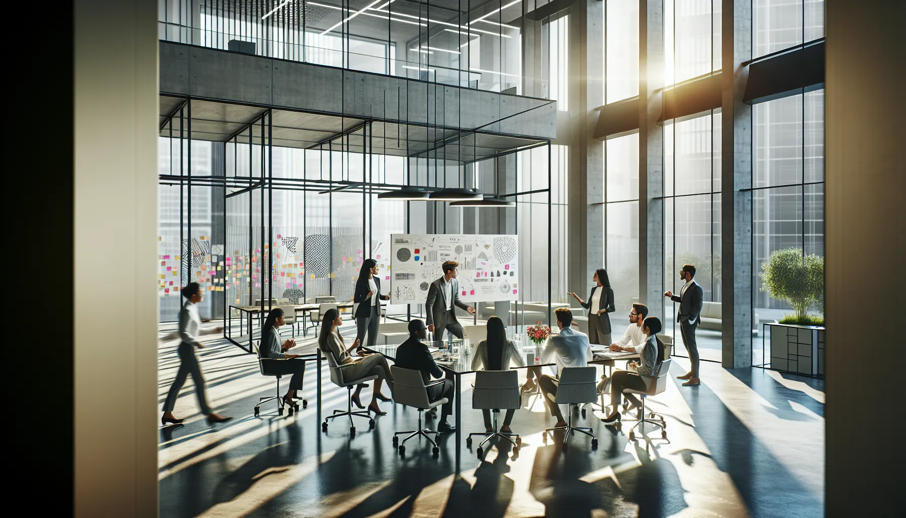 diverse team brainstorming in a modern office space.