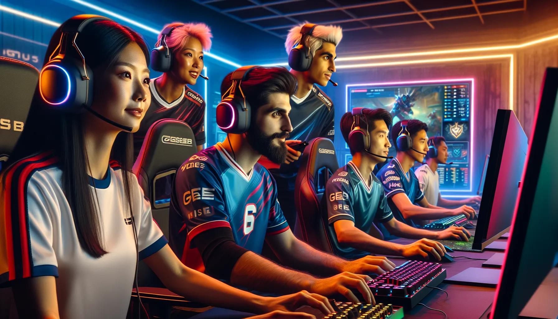 diverse esports team strategizing in a modern gaming studio.