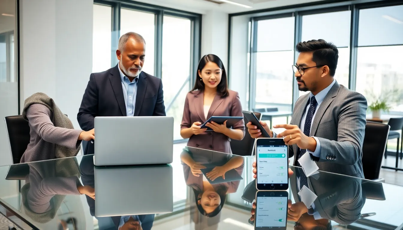 diverse team discussing phone unlocking in a modern office.