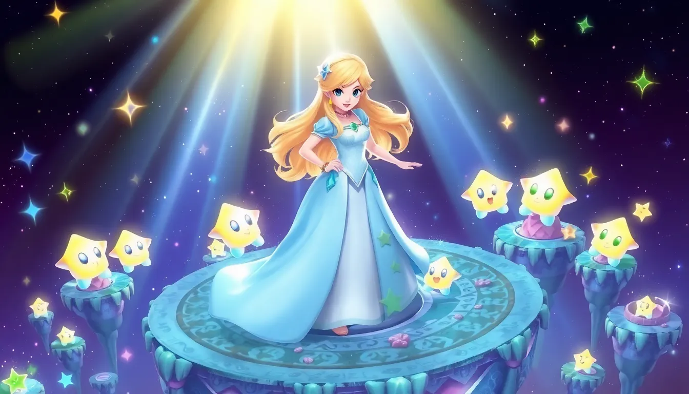 Rosalina using her powers in a cosmic gaming environment with star-like companions.