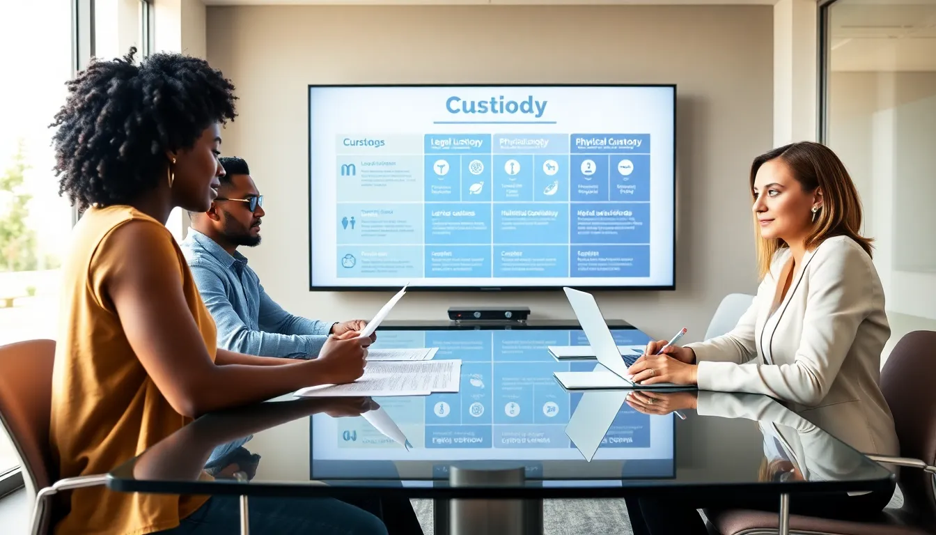 diverse parents discussing custody arrangements in a modern office.