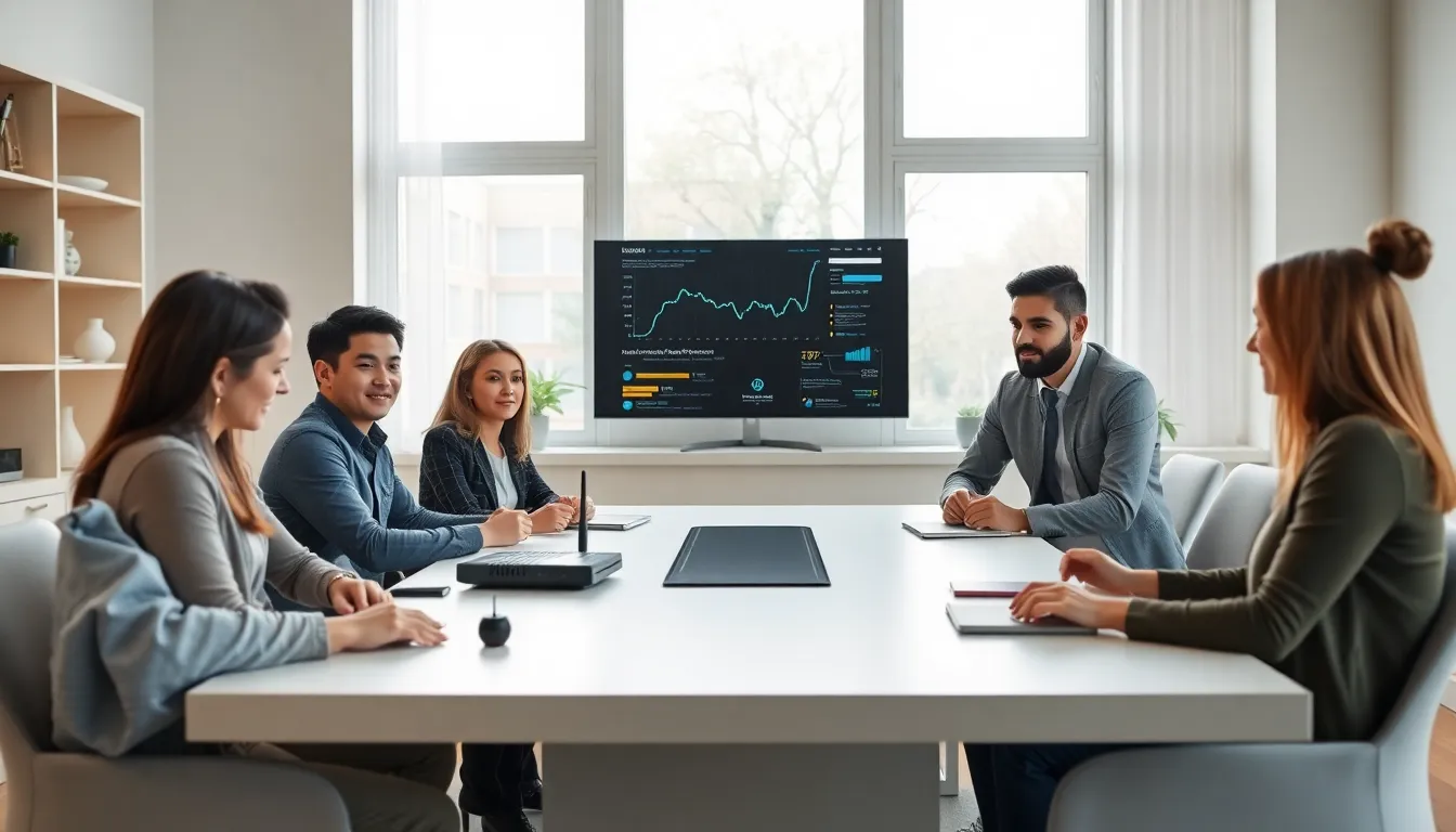 diverse professionals discussing home networking solutions in a modern office.