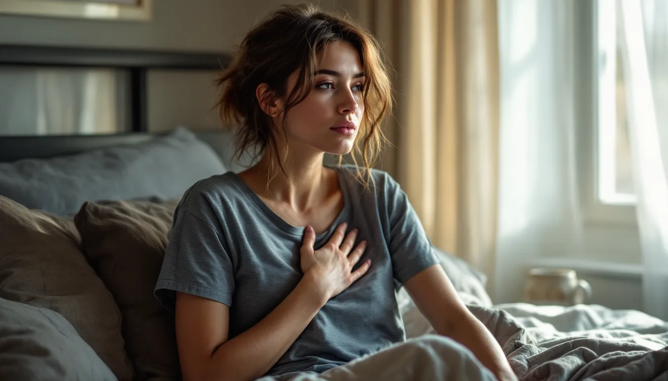 Woman sitting on bed at dawn, quietly checking in with herself before starting the day.