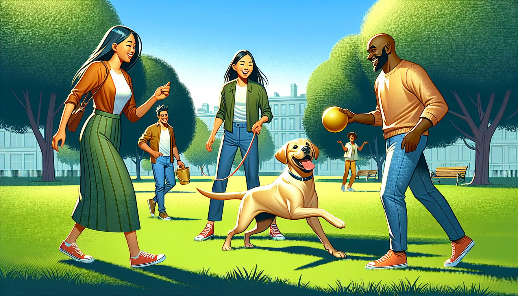 A playful Labrador retriever with owners in a sunny park.