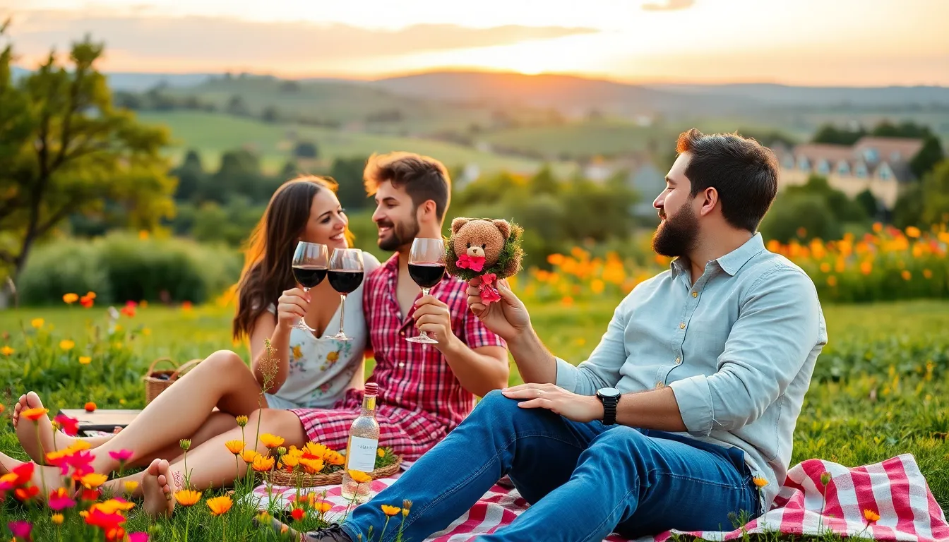 couples enjoying a romantic picnic in a scenic park.