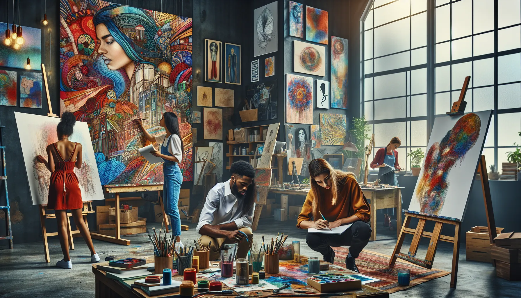 diverse team of artists collaborating in a vibrant studio.