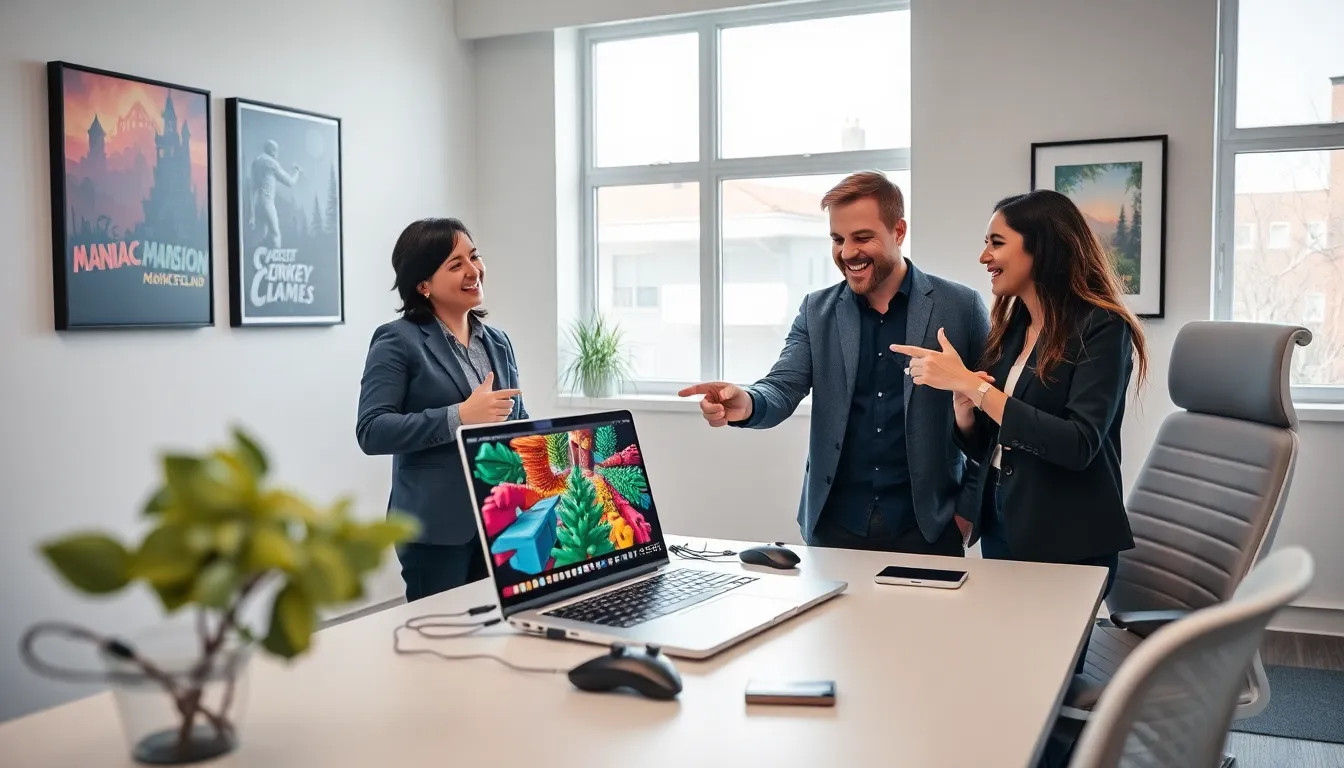professionals collaborating on point and click puzzle games at a modern desk.