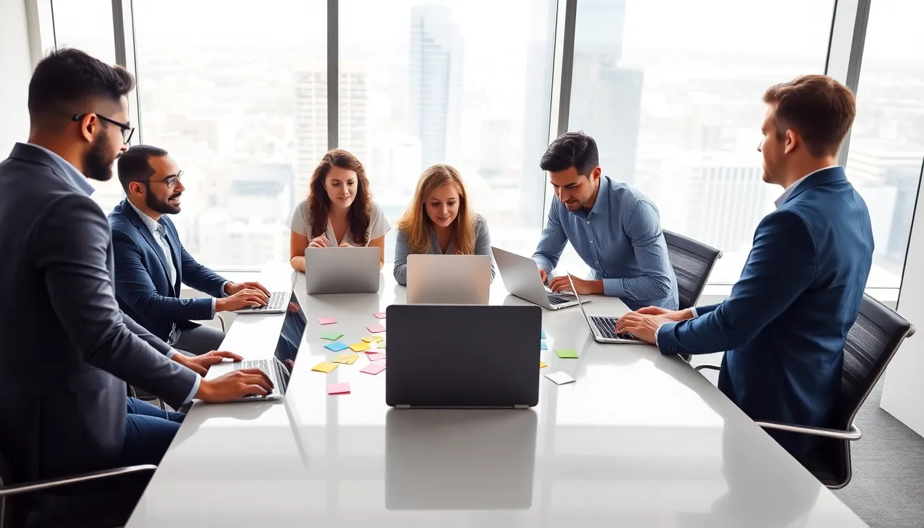 diverse team brainstorming in a modern office setting.