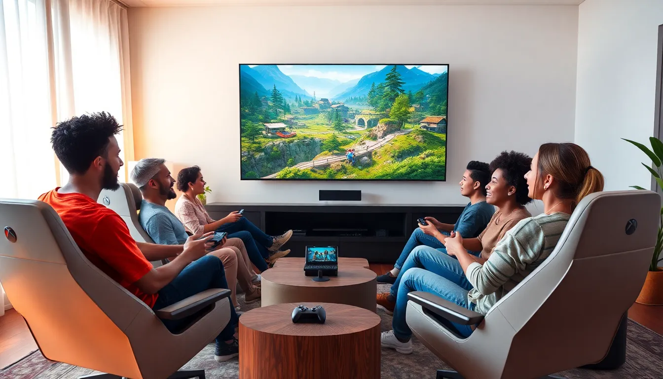 group of gamers enjoying open world games in a cozy living room.