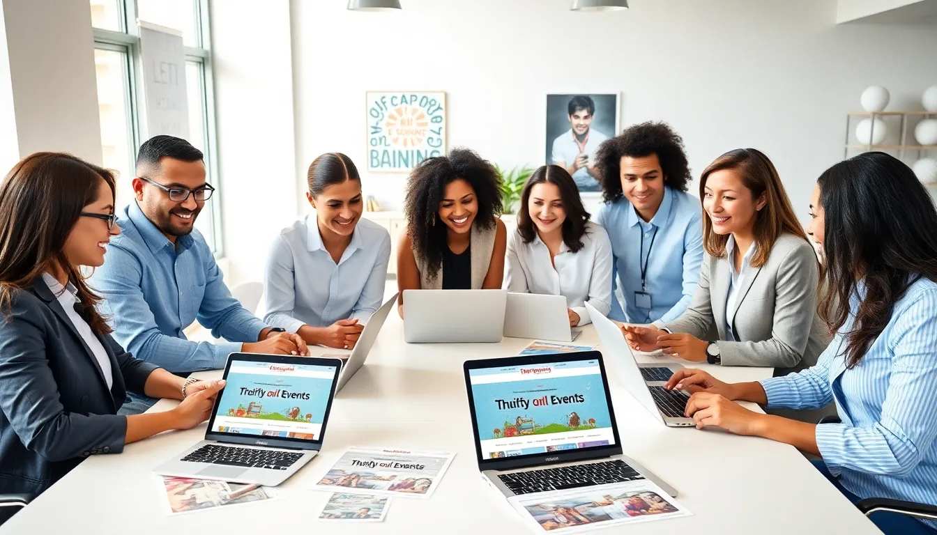 diverse team collaborating on event planning in a modern office.