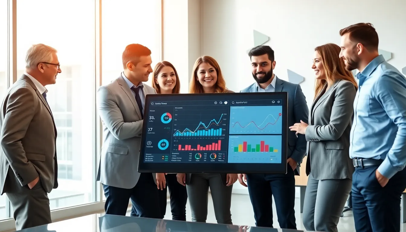 diverse team discussing online marketing strategies in a modern office.