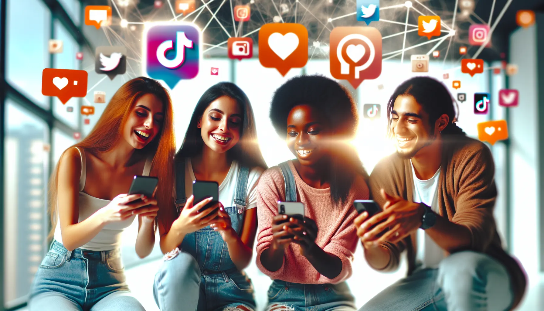 diverse young adults interacting with smartphones in a modern office.