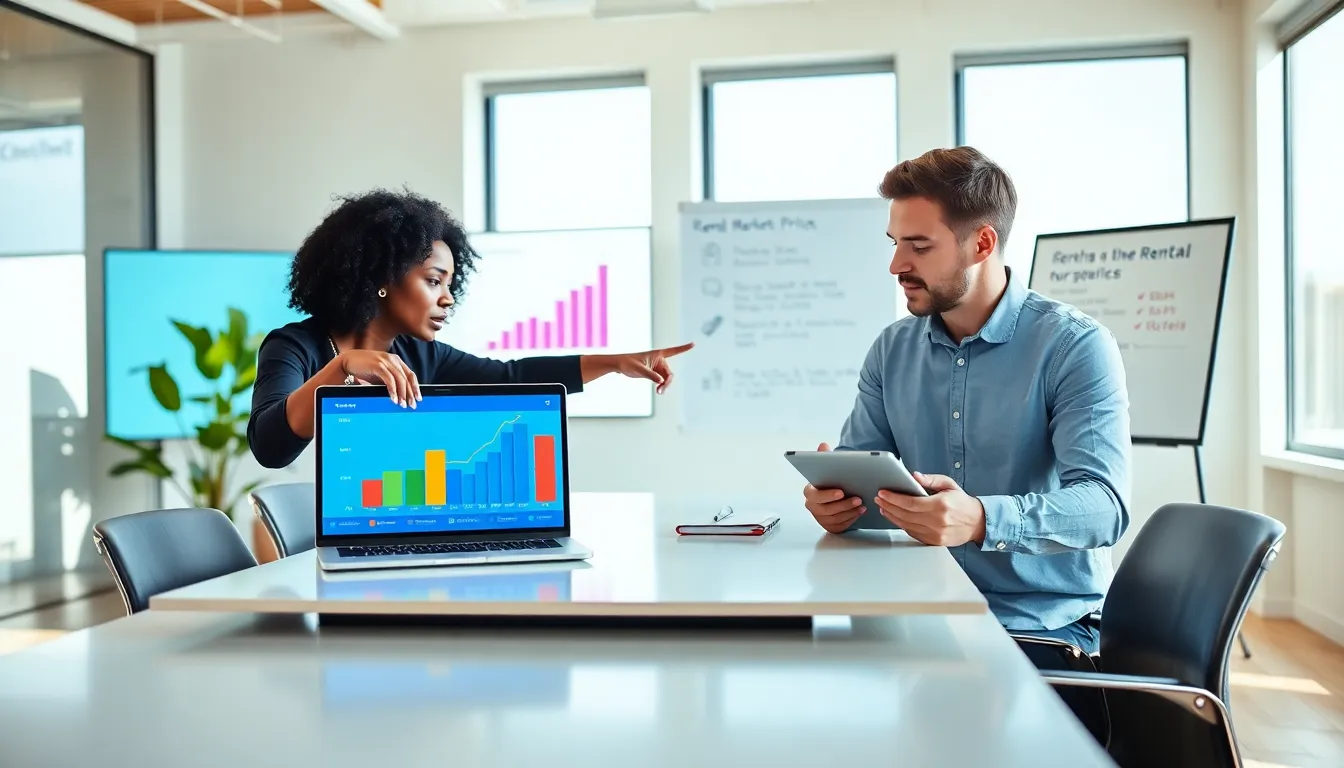 diverse team discussing rental market statistics in a modern office.