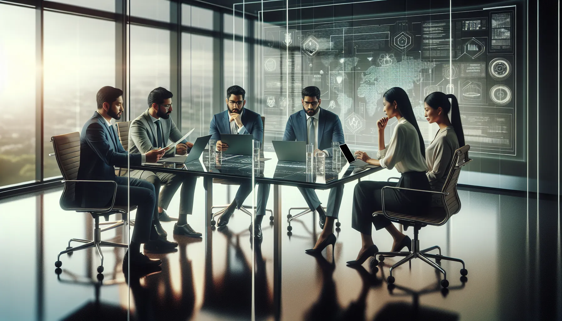 diverse IT team discussing digital security in a modern office.