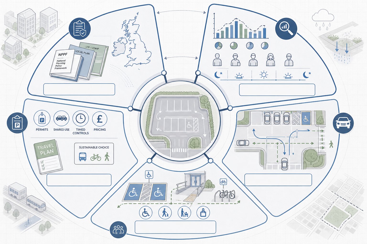 Five-part parking strategy infographic with policy, demand, safety, access, and management.