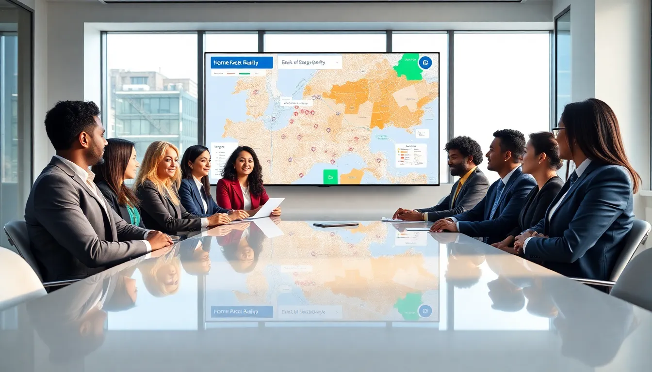 diverse real estate team collaborating in a modern office.