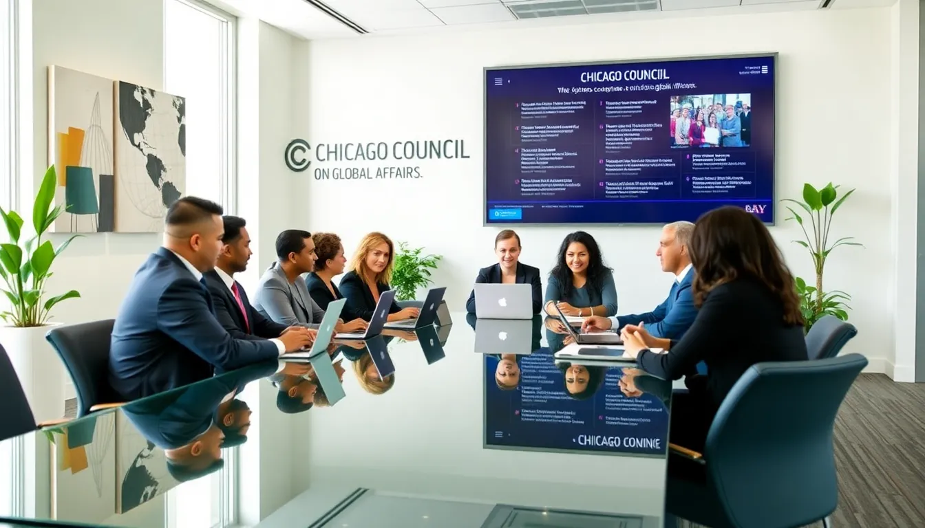 diverse professionals discussing global issues in a modern conference room.