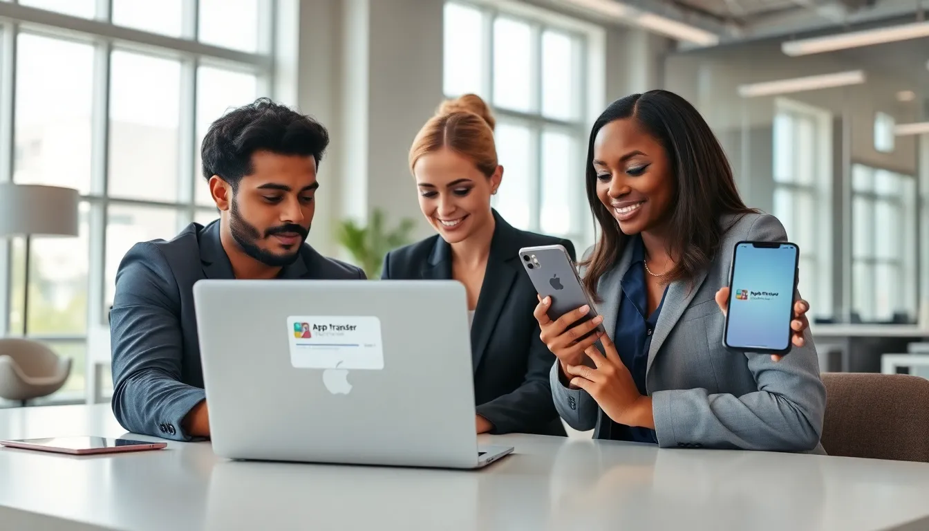 professionals transferring apps between iPhones in a modern office.