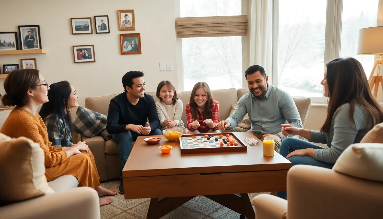 diverse family enjoying a game night in a cozy living room.