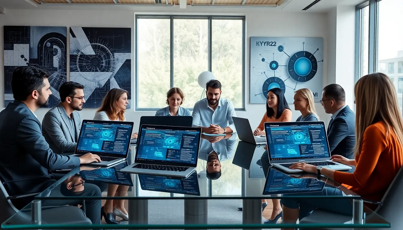 diverse professionals collaborating in a modern office discussing Kyrrax23.
