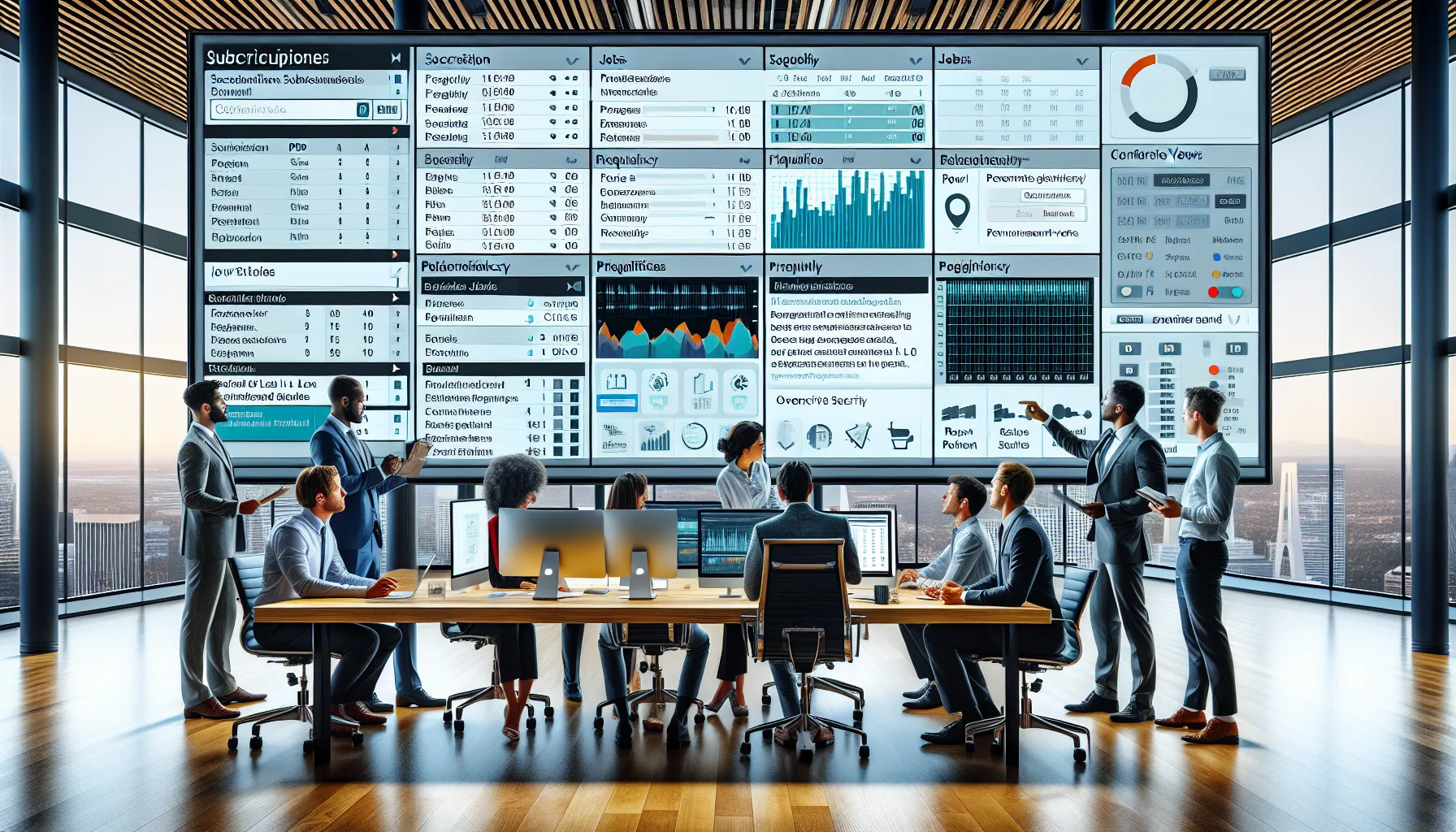Analytics team configuring Tableau subscription schedules on a dashboard in a modern office.