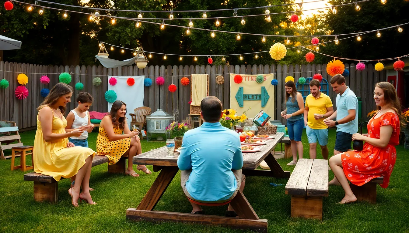 friends enjoying a thrifty backyard event with simple decorations.