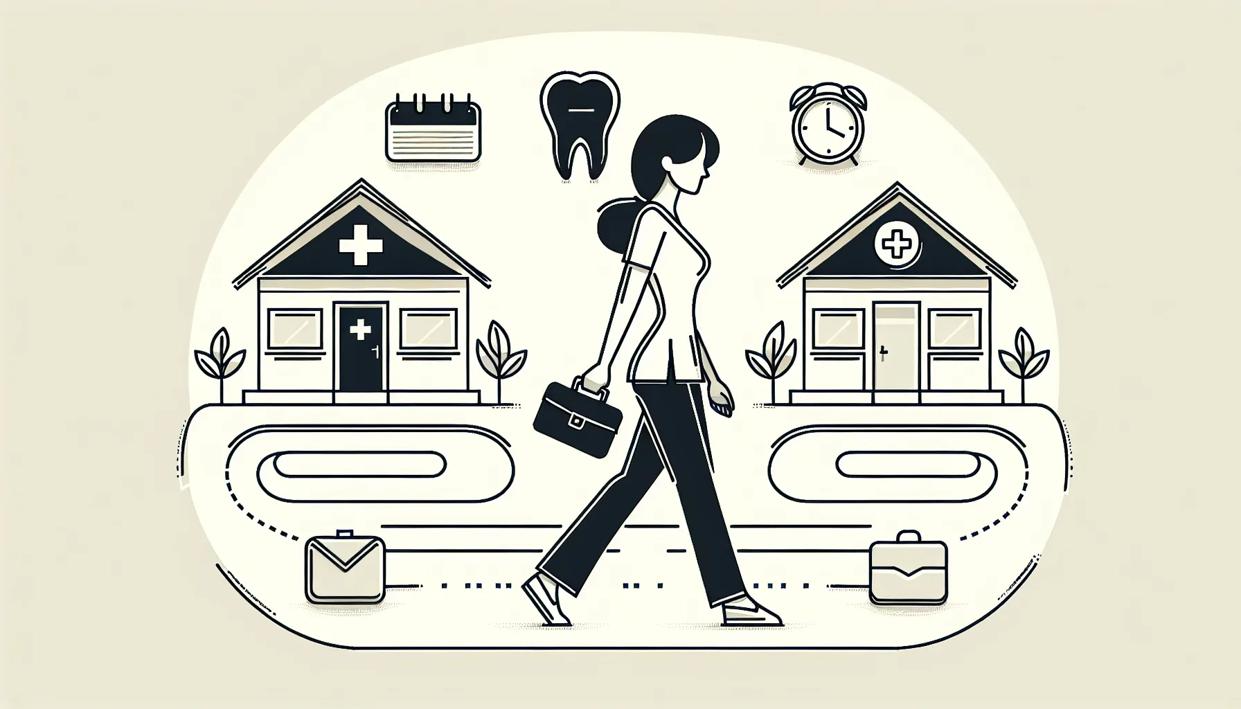 A dentist walking between two clinic buildings with clock and minus-wallet icons.