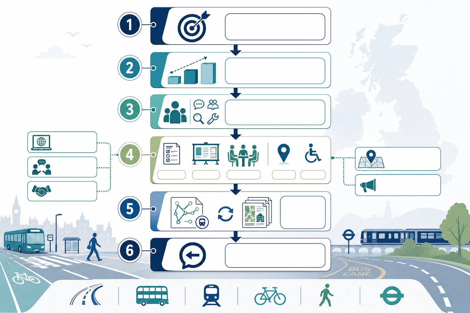 Infographic of key steps in an effective UK transport consultation strategy.