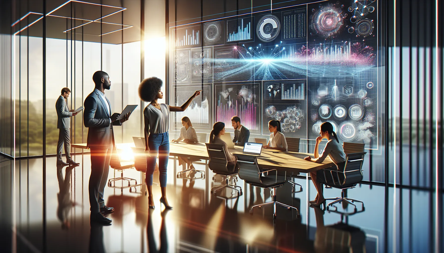 diverse professionals analyzing data in a modern office.