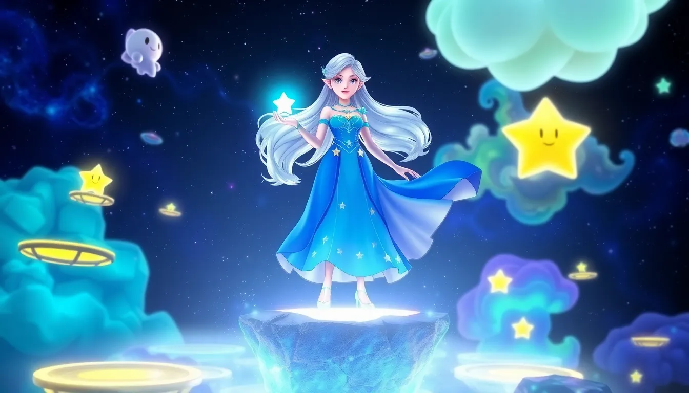 Rosalina floating with Lumas in a cosmic gaming environment.