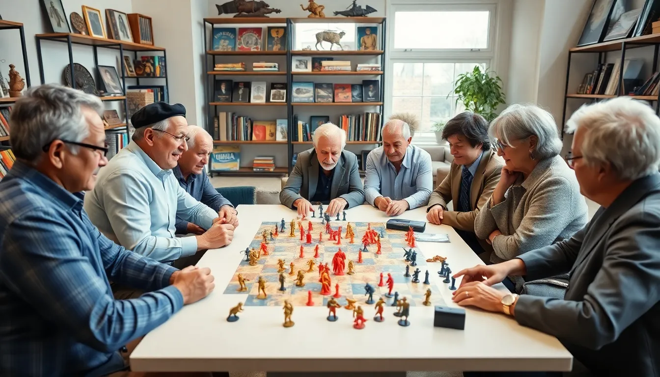 older adults engaged in a strategic war game in a modern setting.