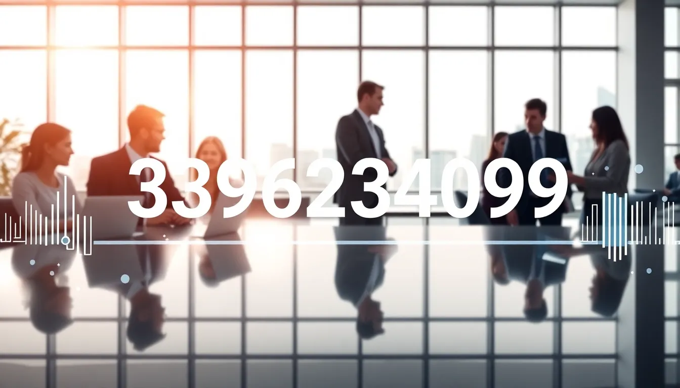 digital representation of the number 3396234099 with professionals in an office.