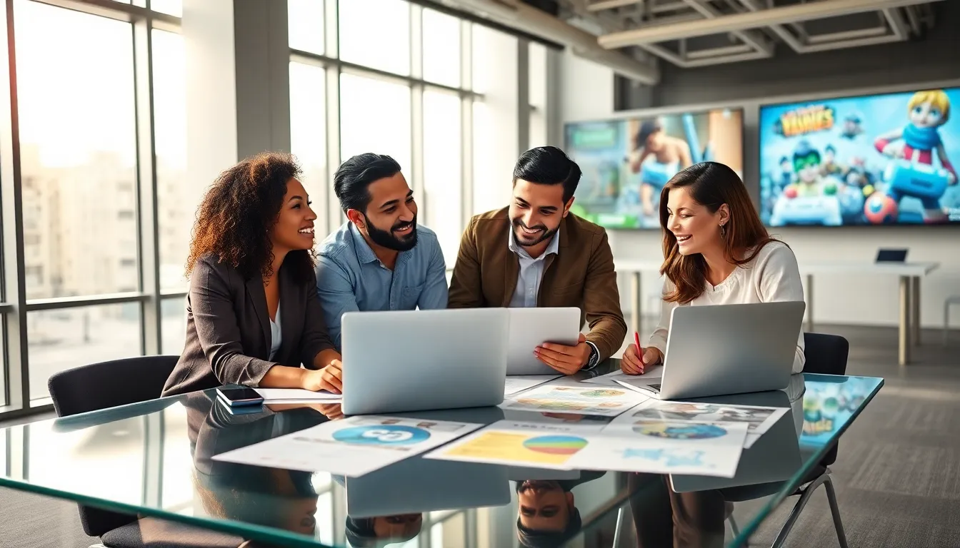diverse team collaborating on imaginative games in a modern office.