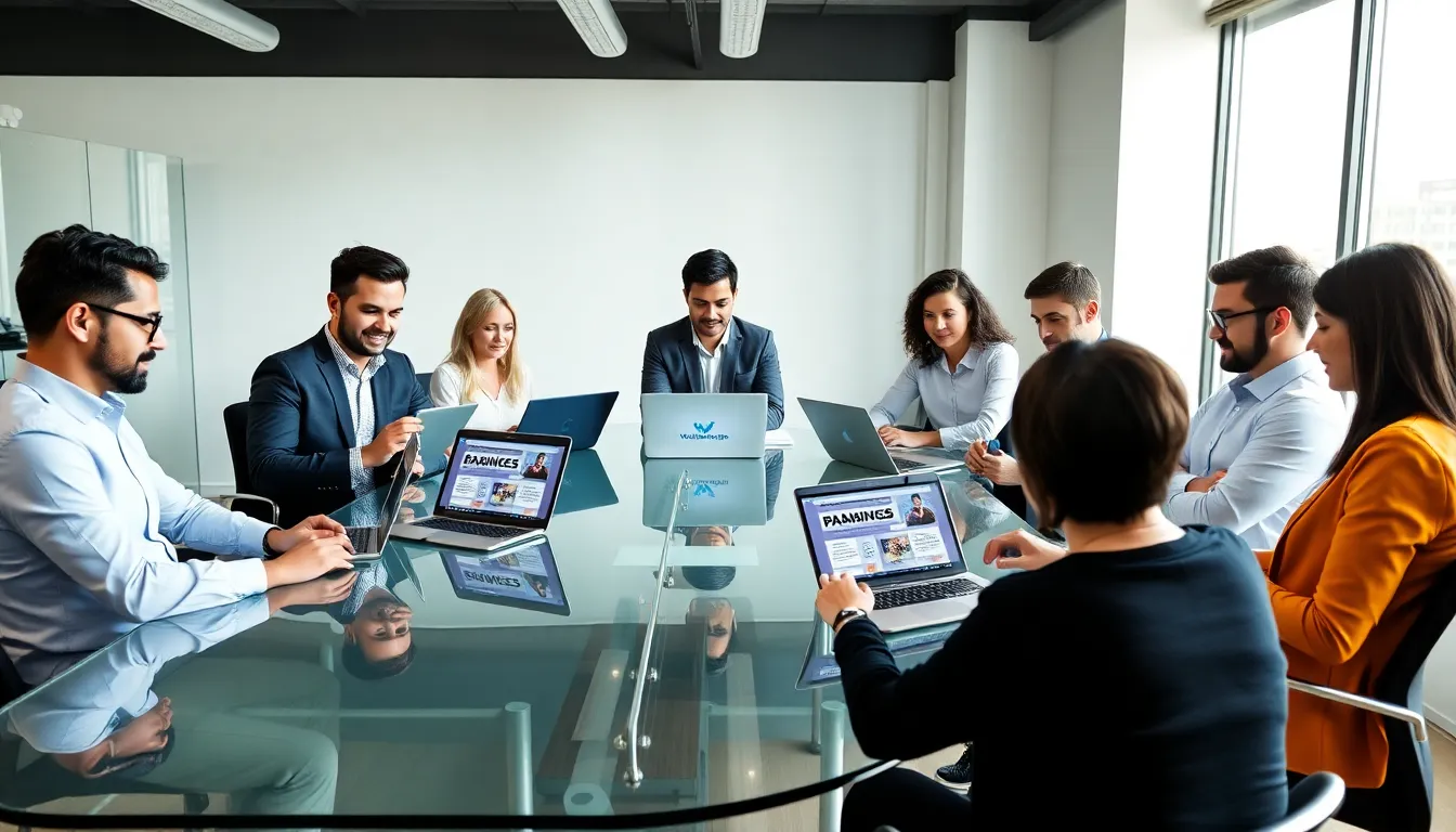 diverse team discussing digital strategies in a modern office.