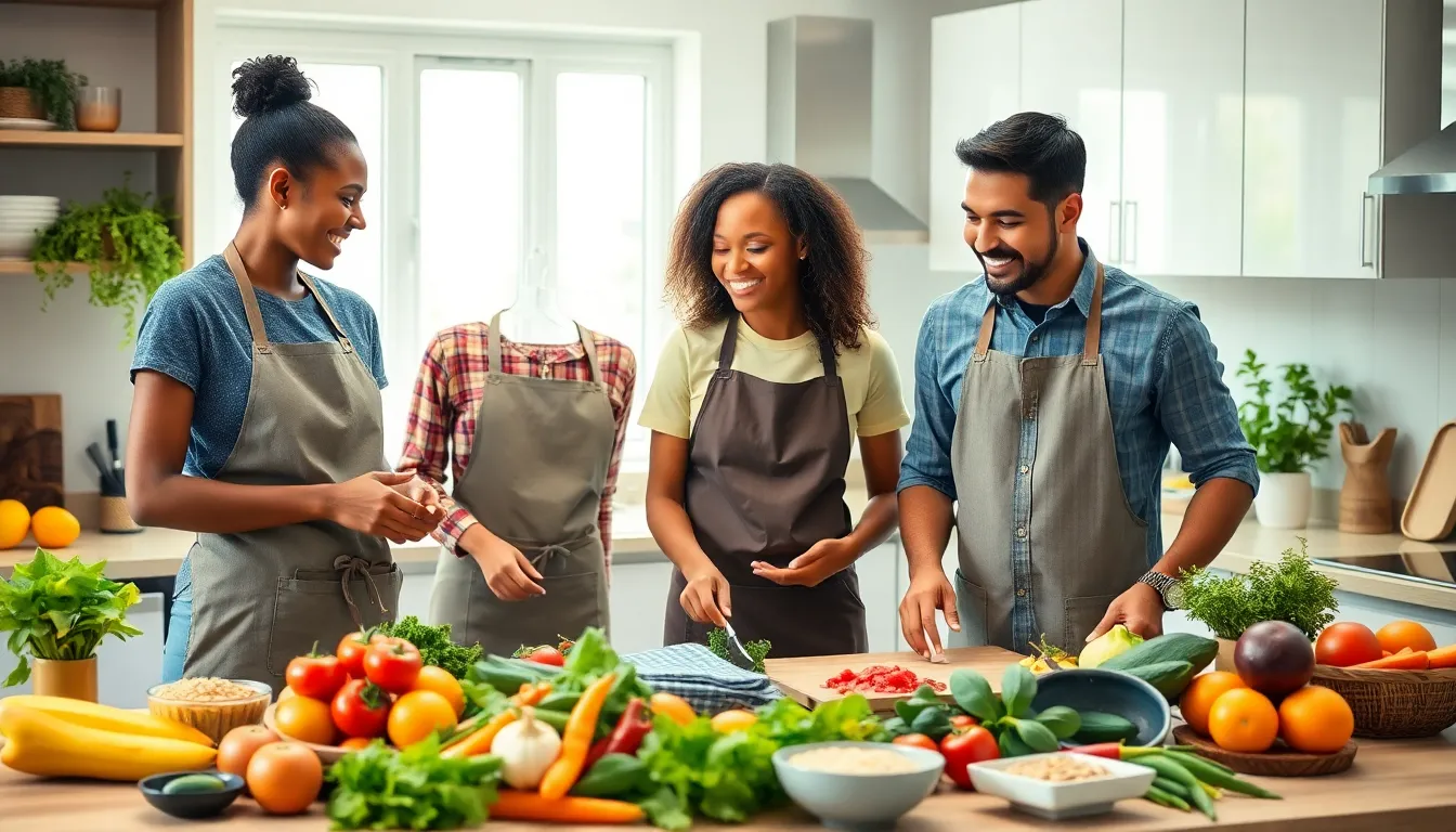 diverse group preparing vegan meals in a modern kitchen.