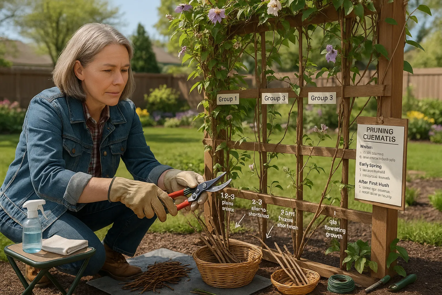 Gardener pruning clematis on a labeled trellis showing Groups 1–3.