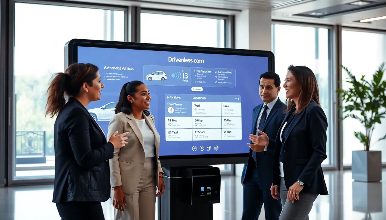 professionals discussing autonomous vehicle technology in a modern workspace.