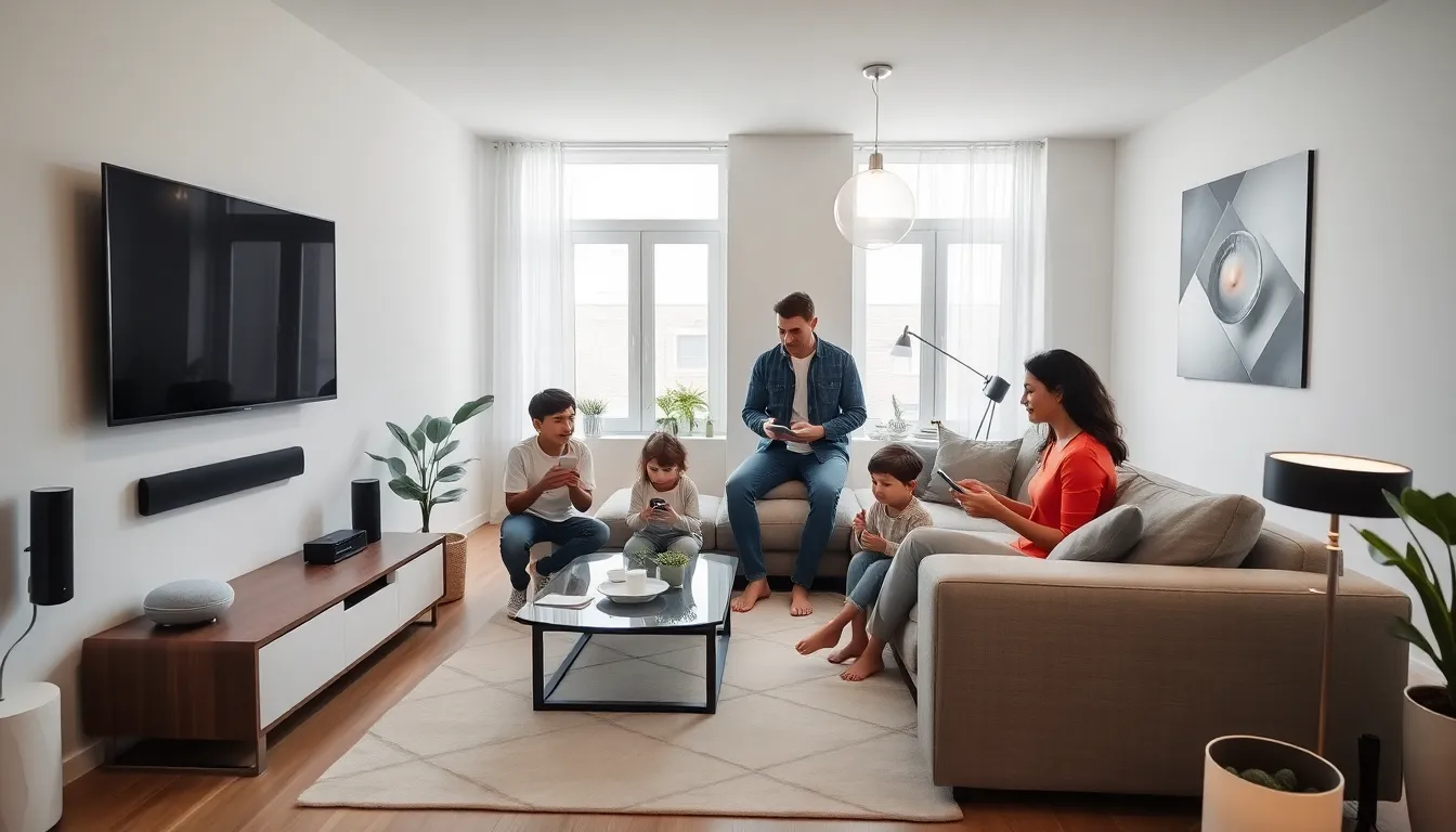 family enjoying smart living in a modern living room.