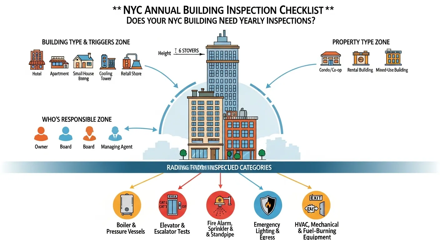 Infographic of NYC building annual inspection checklist by system and responsibility.
