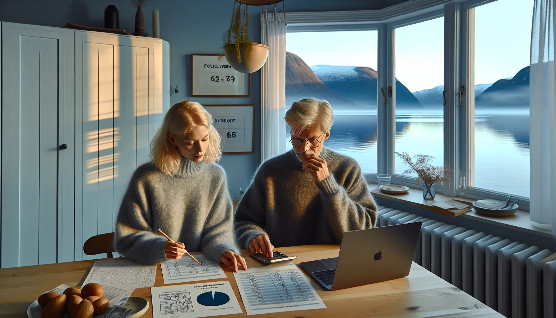Norwegian couple planning retirement budget with pension calculator at a kitchen table.