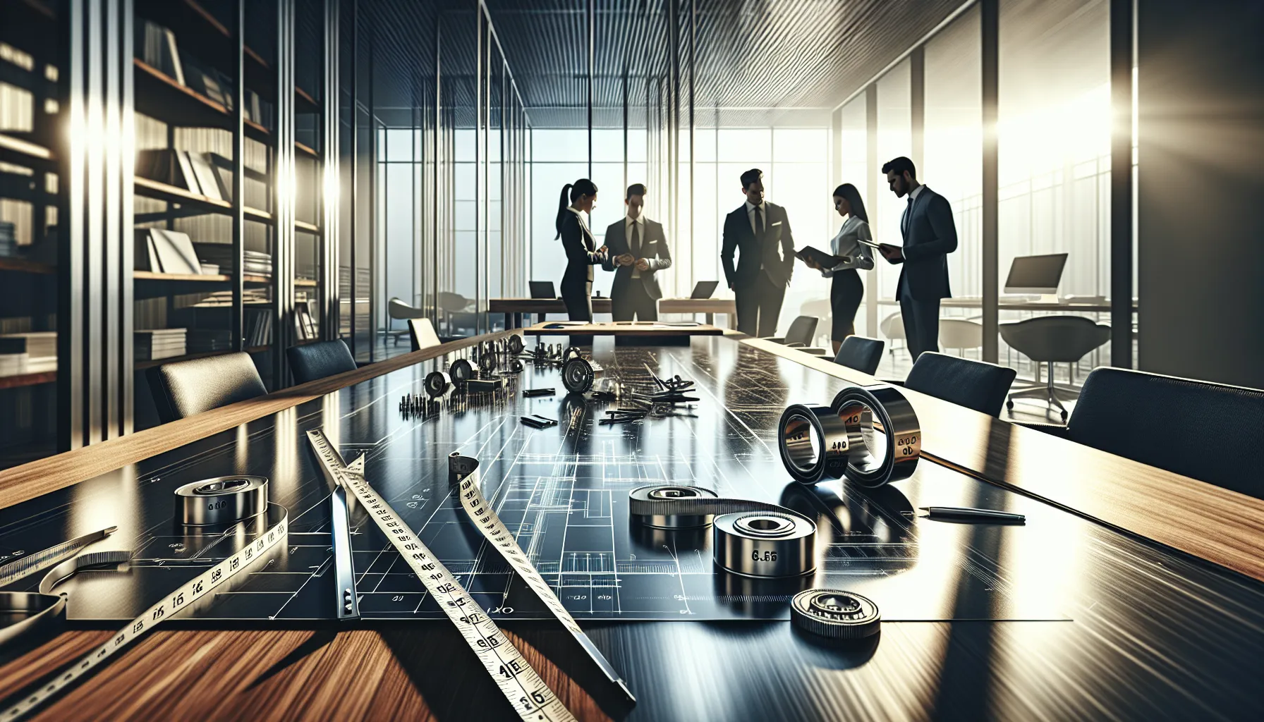 workspace with measuring tape and professionals discussing dimensions.