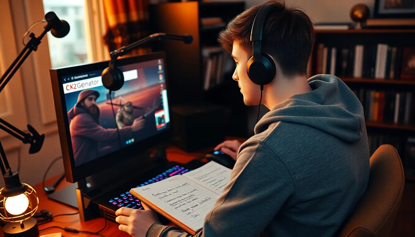 a gamer using CK2Generator on a desktop computer in a cozy room.