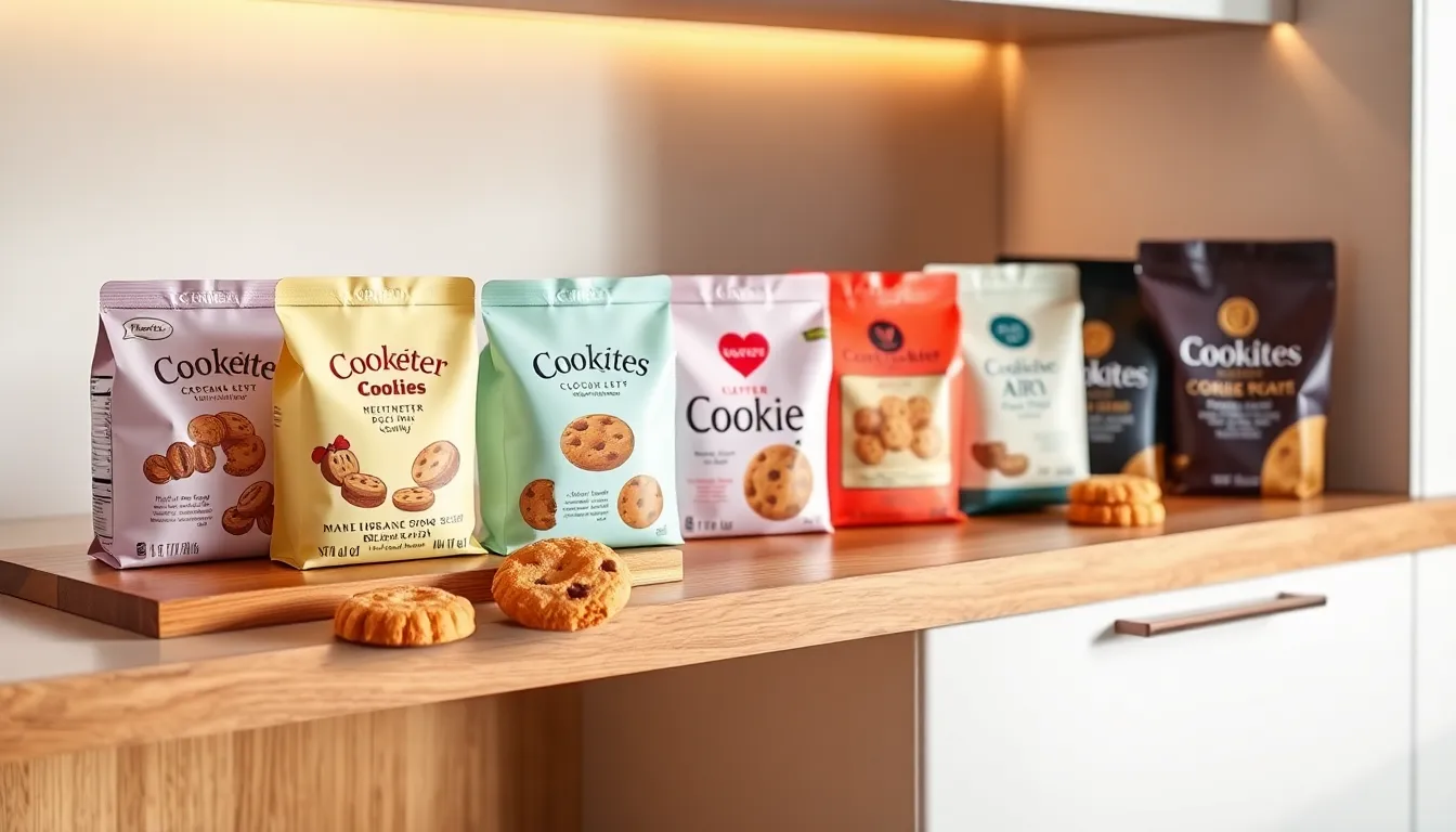 variety of colorful cookie packaging on a modern shelf.