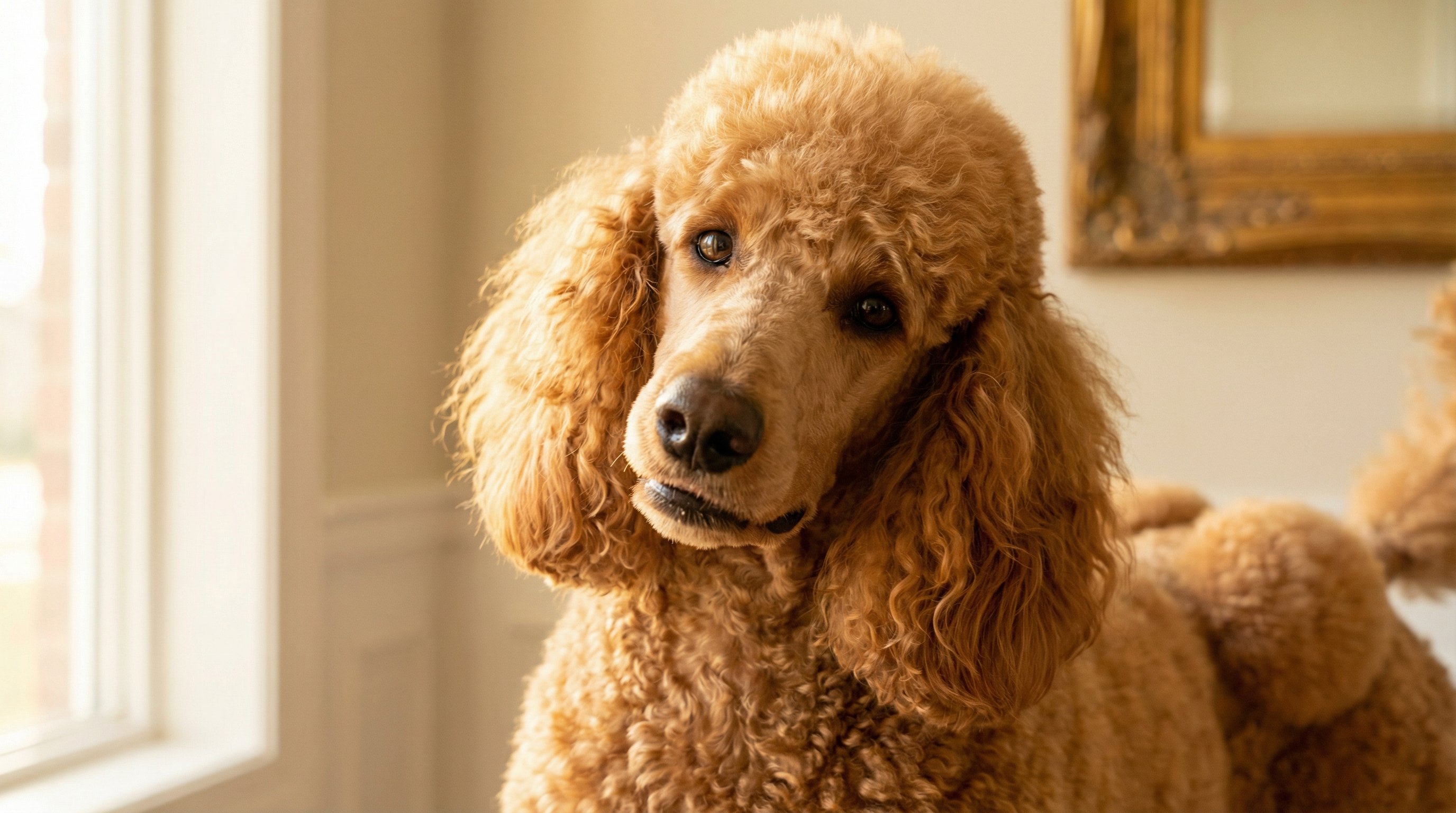 An elegant apricot poodle posing regally in warm golden light.