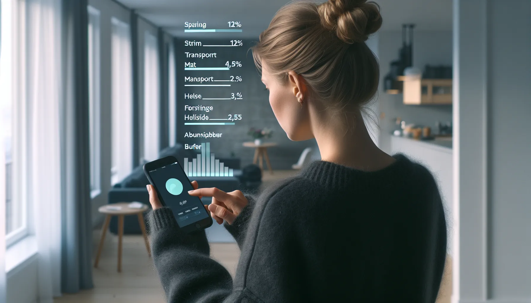 Slik kan du bruke teknologi for å spore og redusere utgifter 2 Norwegian woman reviewing color-coded budgeting app at a light-filled home table.