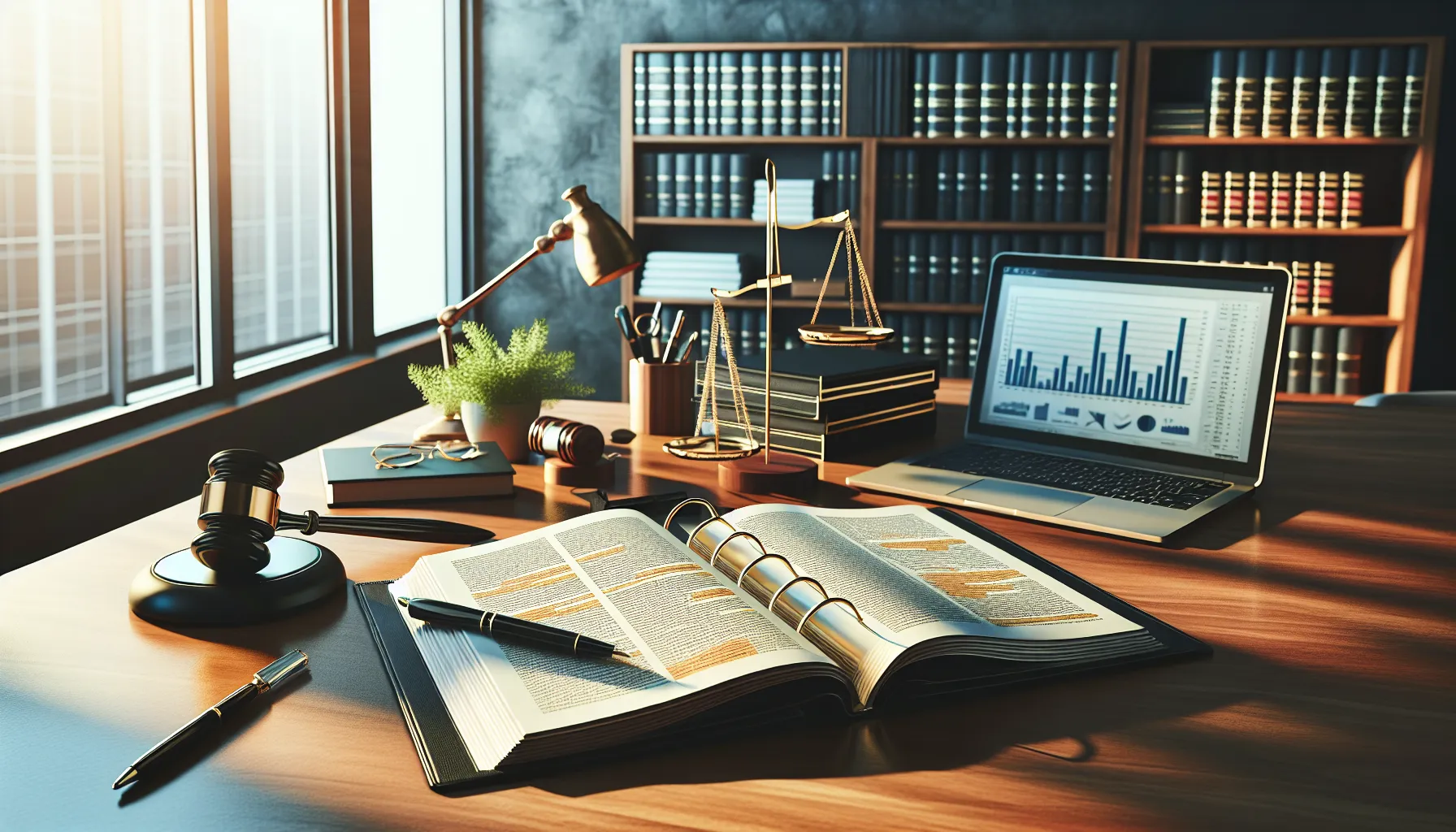 An office desk with legal documents and a laptop in natural light.